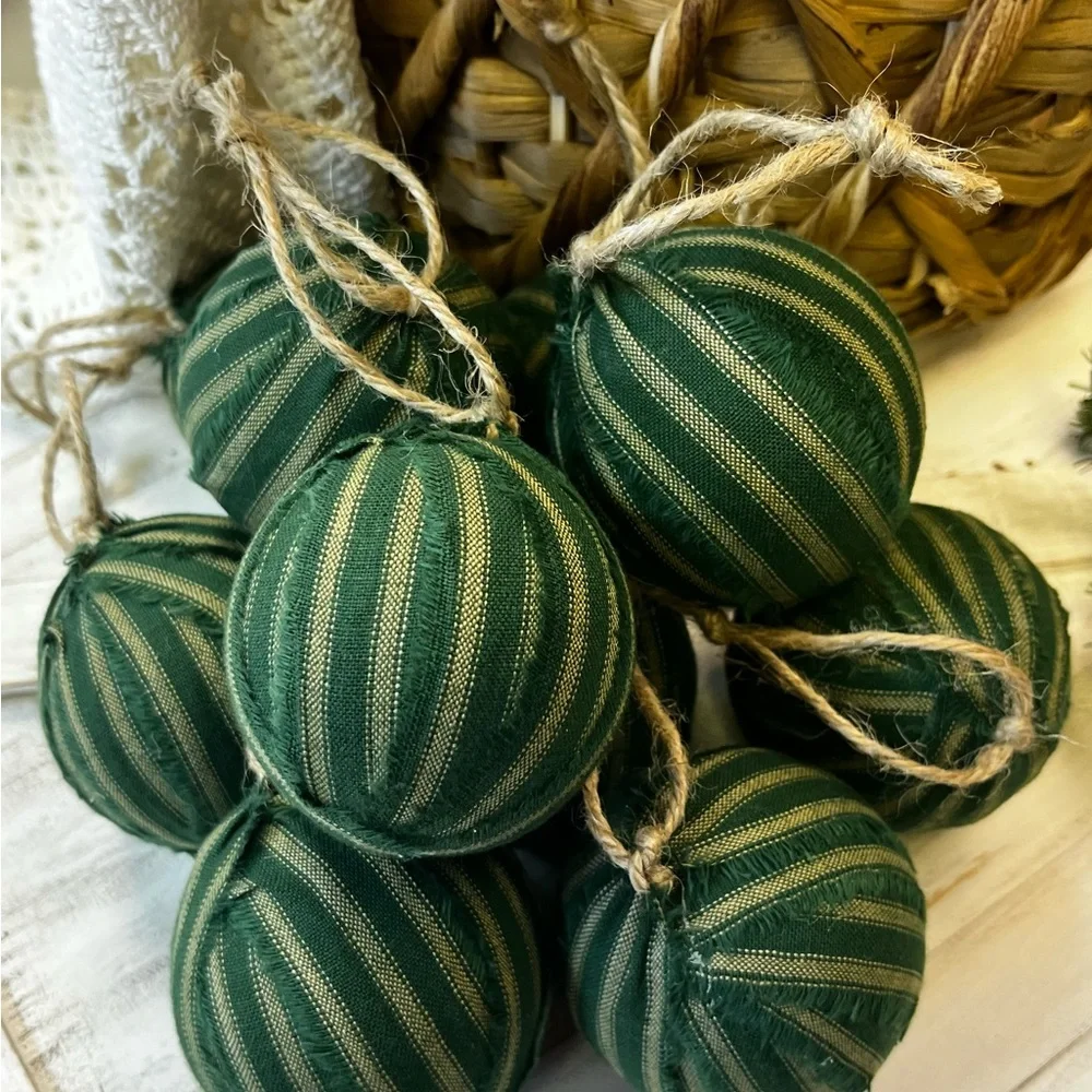 10 Primitive green stripe Fabric RAG BALLS Christmas Ornaments farmhouse decor